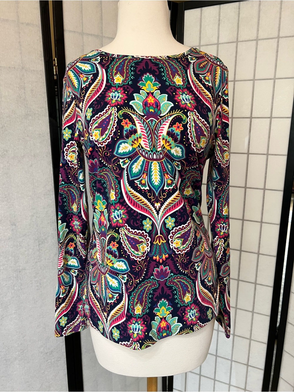 Talbots Long Sleeve Paisley Print Top - Teal, Purple, Yellow
